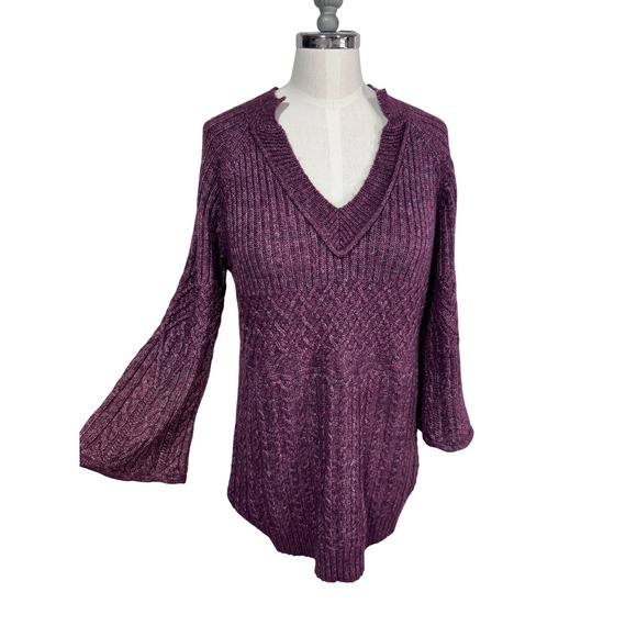 CAbi Tops - Cabi Small Purple‎ Tunic Sweater Women's V-Neck Cable Knit Bell Sleeve
